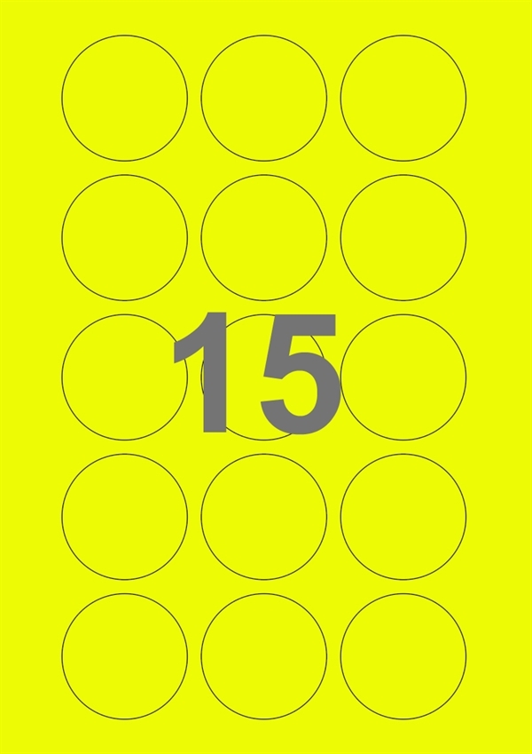 A4-etiketter, 15 Udstansede etiketter/ark, Ø50 mm, neon gul, 100 ark